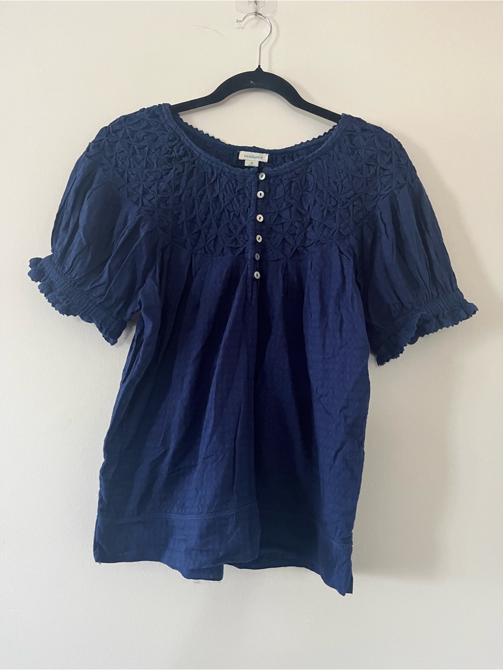100% Cotton Navy Blue Smocked Puff Sleeve Peasant Top Medium Cottagecore Poet